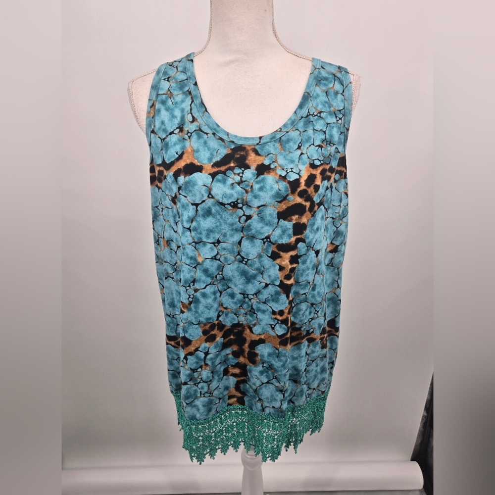 Lucky & Blessed Turquoise Floral & Animal Print Tank Lace Trim Medium (6291)
